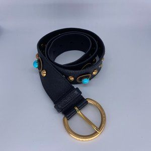 Miu Miu black leather belt with turquoise stones and brass grommets